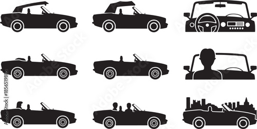 Nine black silhouette convertible cars and city skyline graphic elements automobile black and white