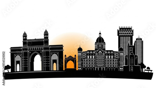 Mumbai cityscape silhouette at sunset with gateway of india and skyscrapers