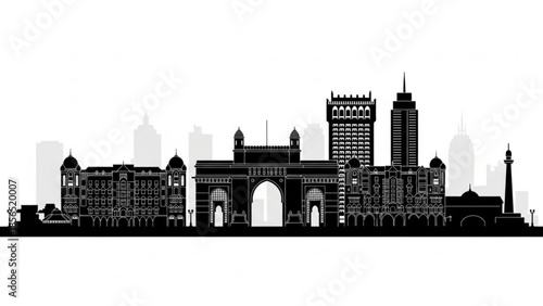 Black silhouette of a city skyline with arch and buildings