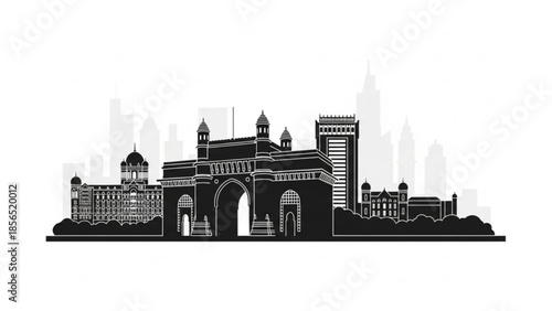 Black silhouette illustration of gateway of india with city skyline in background