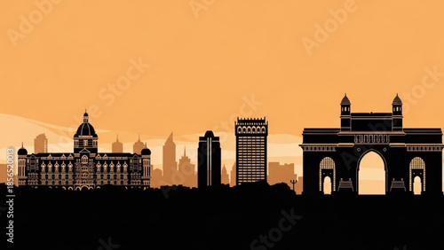 Silhouette of famous gateway of india and mumbai city skyline at sunset
