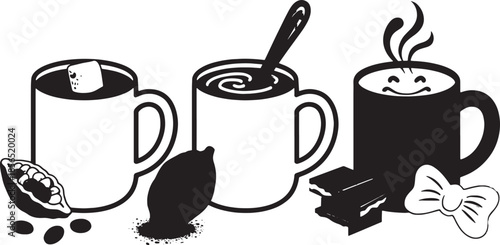 Three black and white mugs with hot chocolate and cocoa beans marshmallow