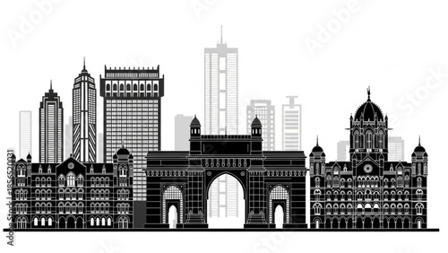 Black and white illustration of a city skyline with a large arch building