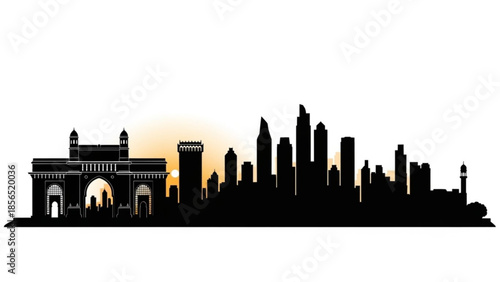 City skyline silhouette at sunset with iconic arch and modern skyscrapers