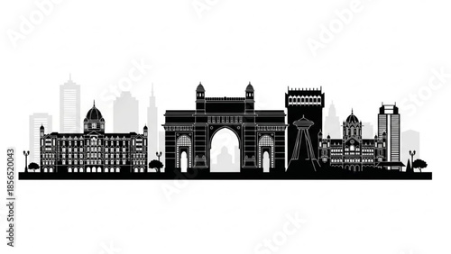 Black silhouette illustration of gateway of india and mumbai city skyline with modern buildings