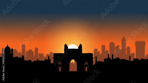 City skyline silhouette at sunset with a large building in the foreground and skyscrapers