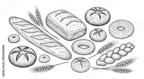 Detailed hand-drawn set of various bread types including baguettes, loaves, buns, pretzels, and wheat ears in black ink.