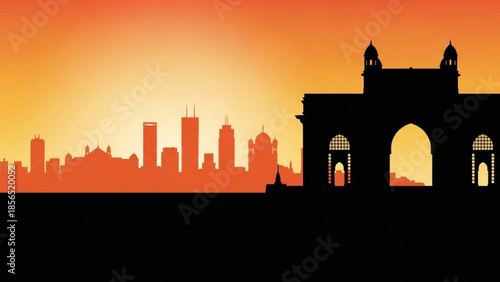 Silhouette of a city skyline with a large arch gate at sunset or sunrise with vibrant orange and yellow gradient sky