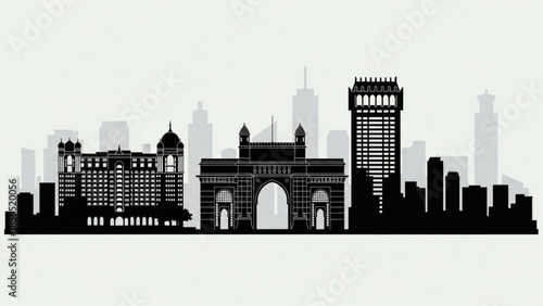 Black silhouette of gateway of india and mumbai city skyline with skyscrapers