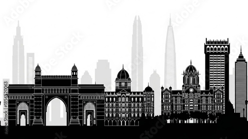 Black silhouette of gateway of india and mumbai city skyline with skyscrapers