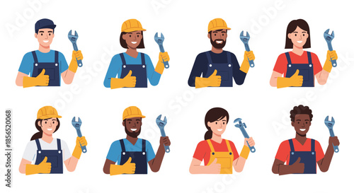 Collection of diverse male and female repair workers in overalls and hard hats holding wrenches and giving a thumbs up.