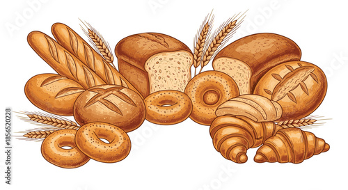 Large group of various fresh baked goods including bread loaves, rolls, croissants, and bagels with golden wheat stalks.
