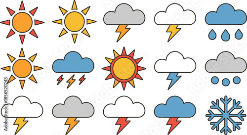 Weather symbols collection with sun, clouds, lightning, rain and snowflake, meteorology icons, forecast elements, transparent background vector art
