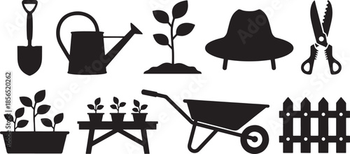 Black silhouette collection of gardening tools plants and fence on white shovel