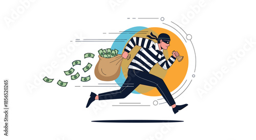 Cartoon of a masked thief in a striped shirt running away while carrying a large sack of stolen money bills and cash.