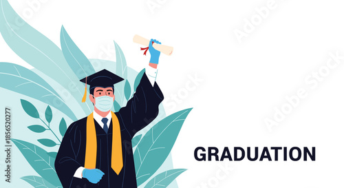 Male graduate wearing a cap, gown, and face mask holding up his diploma during a pandemic-style graduation ceremony.