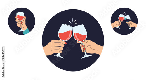 Hands of two people holding glasses of red wine and making a celebratory toast together during a social party event.