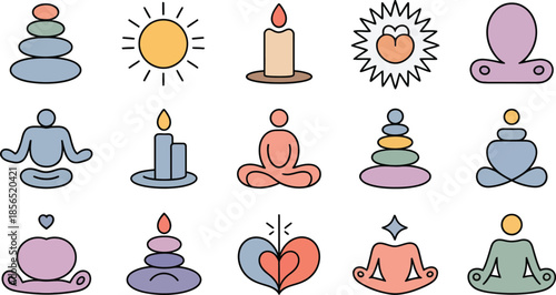 Yoga and meditation set with various illustrations of meditating people stacked stones candles and sun