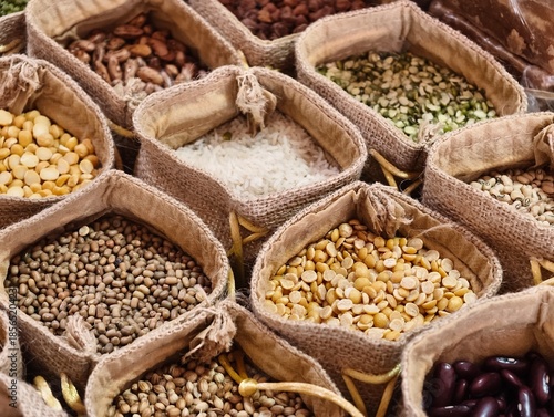 Various legumes, chickpeas, green peas, red lentils, canadian lentils, indian lentils, black lentils, green lentils; yellow peas, green mung beans