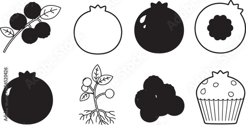 Collection of black and white blueberry illustrations and a cupcake blueberries fruit