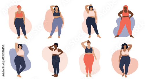 Group of diverse plus-size women in athletic wear posing confidently against abstract shapes on a white background.