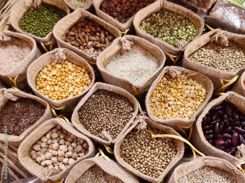 Various legumes, chickpeas, green peas, red lentils, canadian lentils, indian lentils, black lentils, green lentils; yellow peas, green mung beans