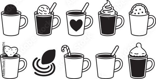 Collection of black and white hot chocolate and coffee cups with various toppings drink
