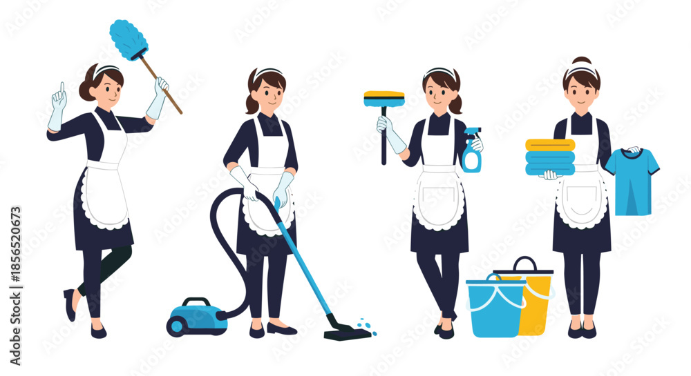 Fototapeta premium Professional housemaid characters performing various cleaning tasks including dusting, vacuuming, window washing, and handling laundry.