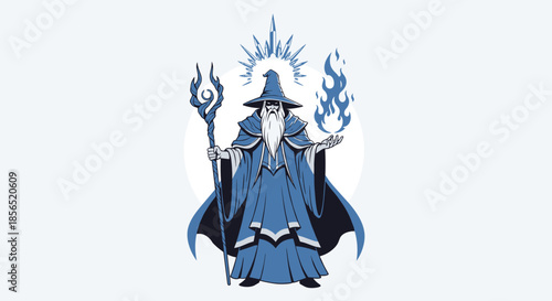 Powerful fantasy wizard character holding a magical staff and a blue flame standing in a blue and white graphic illustration style.