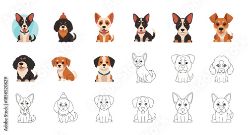 Cute dog breed illustrations showing colorful character designs alongside simple line art and dotted outline versions for kids coloring.