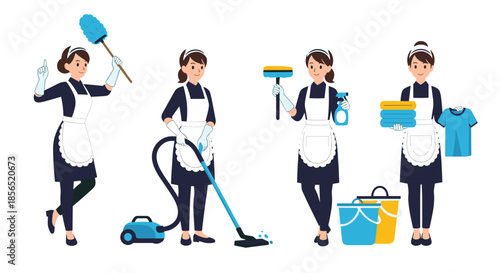 Professional housemaid characters performing various cleaning tasks including dusting, vacuuming, window washing, and handling laundry.