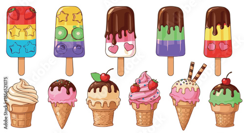 Vibrant Collection of Colorful Ice Cream Cones, Creamy Sundaes, and Refreshing Fruit Popsicles with Various Toppings and Flavors