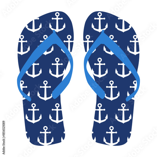 Logo flip flops. Icono calzado de playa. Chanclas con anclas de barco en la suela 