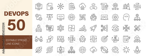 DevOps icon set. Software development and operations icon collection. Editable line icons. Vector illustration.