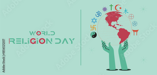 Global Hands Hold Earth: World Religion Day Celebration With Diverse Faith Symbols and Unity