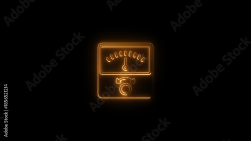 Glowing neon gauge meter with dial and arrow on black background technology and industrial concept