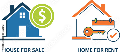 Icons clearly illustrating the contrast between a house available for purchase with currency and a property ready for lease with keys and a calendar confirmation