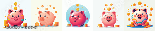 piggy bank with coins falling slowly. Vector, minimalist, illustration, icon set.