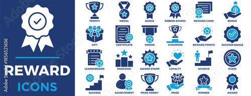 Reward icon set collection in an icon pack contain summary, Achievement, Prize Money, Bonus, Prize, Winner, Achieve, Gift, Certificate, Honor, Champion, Reward Card, Stars, Success, Rangking 