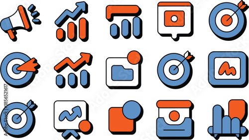 Marketing business and finance icons set symbolizing strategy success goals achievement growth and data analysis vector illustration