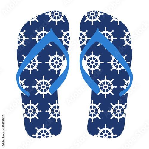 Logo flip flops. Icono calzado de playa. Chanclas con ruedas de timón de barco en la suela 