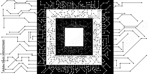 An intricate geometric pattern of nested squares formed by branching lines resembling a complex circuit board design in monochrome high-quality, detailed line of circuit chip and board design.
