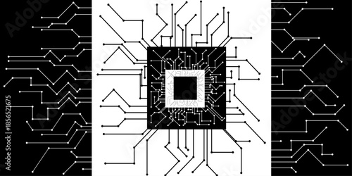 An intricate geometric pattern of nested squares formed by branching lines resembling a complex circuit board design in monochrome high-quality, detailed line of circuit chip and board design.
