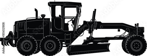 Motor grader heavy construction machinery silhouette vector illustration isolated on white background, road leveling equipment industrial engineering design blueprint style