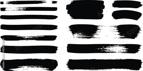 Set of black ink splashes and grunge brush strokes vectors featuring color splatters, rough texture stains, and artistic frame border elements for an old hand drawn illustration design.