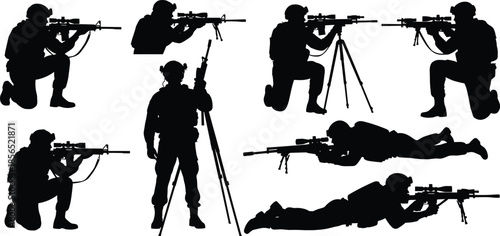 Military sniper silhouettes, armed soldier poses, tactical shooting positions, special forces training, combat rifle stances, black isolated vector illustration on white background set collection
