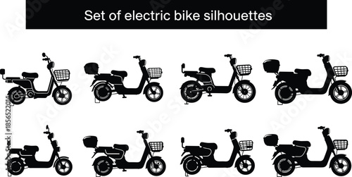 Set of electric bike silhouettes, modern scooter collection isolated on white background, eco transport icon pack for mobility, urban delivery, rental design, illustration vector