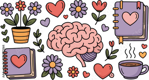 Mental health and self care vector elements with human brain hearts flowers books and coffee cup on transparent background