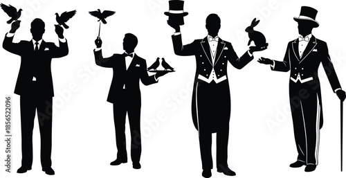 Silhouette magician illusionist performers holding rabbits doves hats canes, classic magic show concept, black tuxedo figures, theatrical entertainment, mystery illusion art illustration