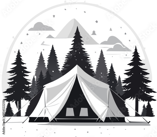 Camping tent in a forest with mountains and nature scenery